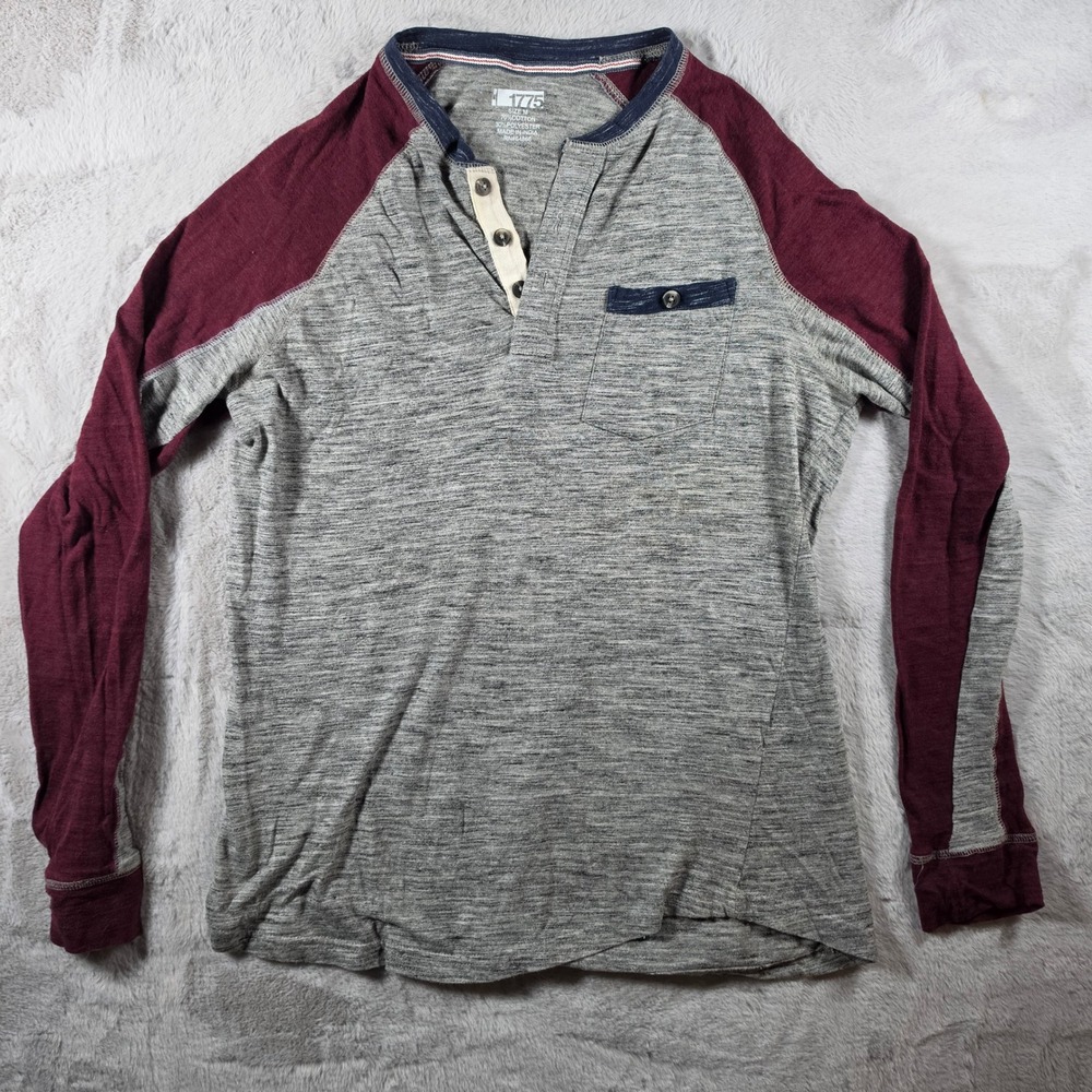 1775 Henley Shirt Mens Medium Gray Burgundy Raglan Long Sleeve Colorblock Casual